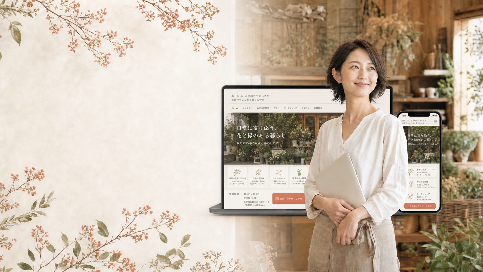 植物のある小さなお店で、完成した店舗ホームページをパソコンとスマートフォンに表示している女性