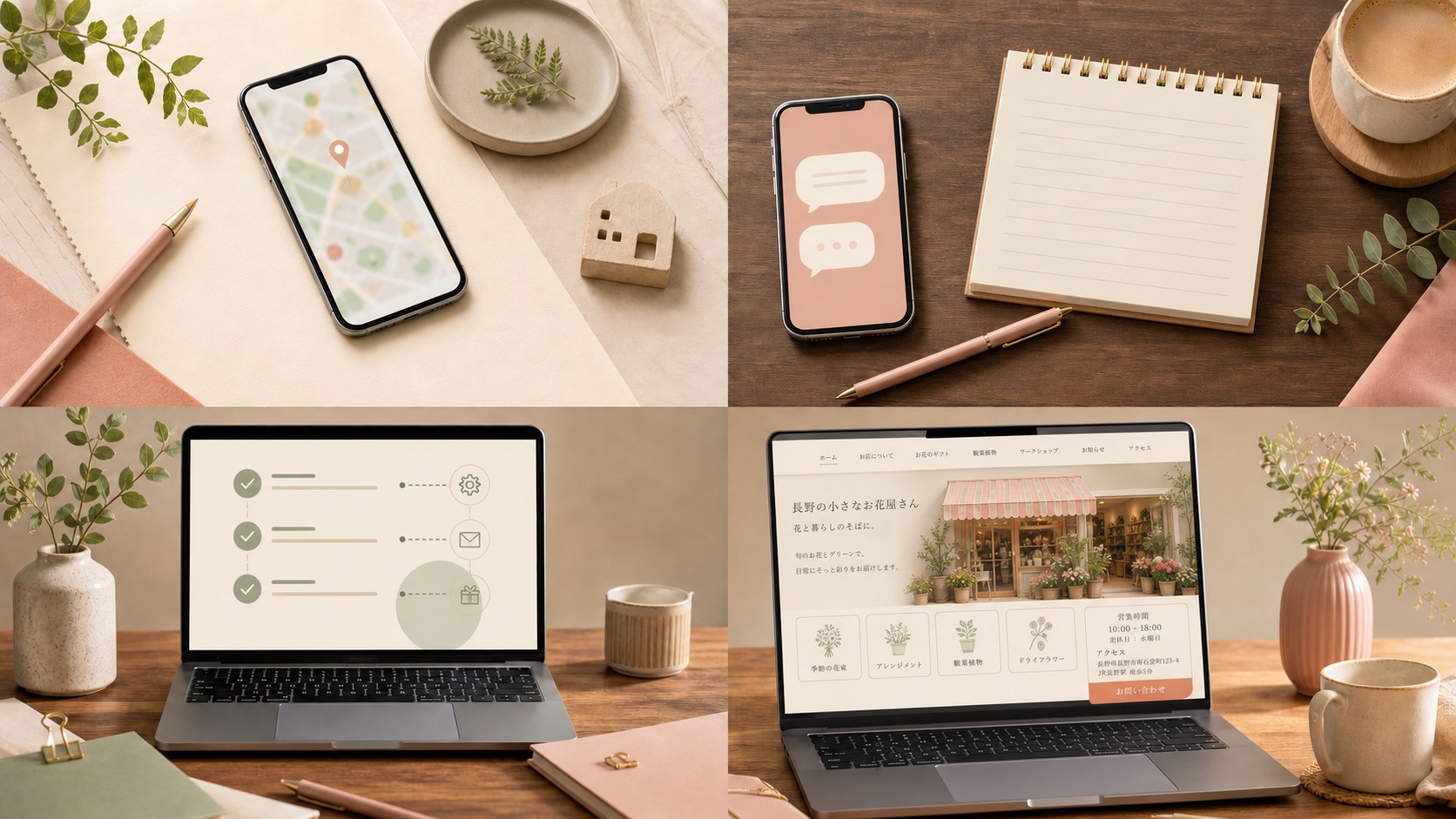 Googleマップ、公式LINE、通常のメモ帳、完成した店舗ホームページを表示するパソコンの四分割写真